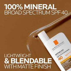 Matte finish skin after application with Anthelios tinted sunscreen.