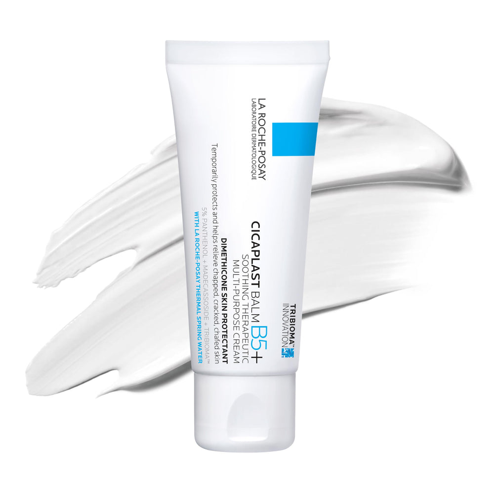 La Roche-Posay Cicaplast Balm B5 tub closeup shows a rich, non-greasy cream for dry skin relief
