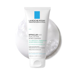 La Roche-Posay Effaclar Dual Acne Wash bottle on a bathroom sink, ready for daily use.