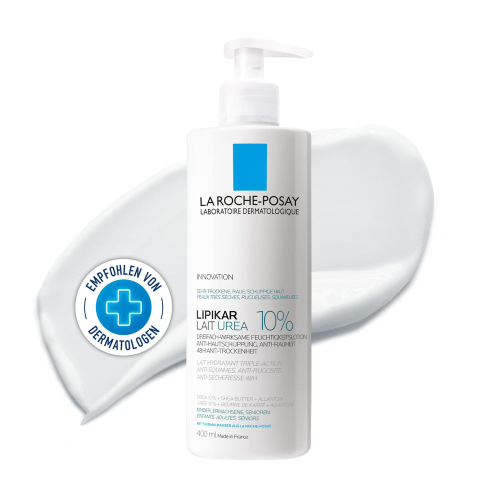 La Roche-Posay Lipikar Urea 10% lotion bottle promotes smoothing of rough skin.