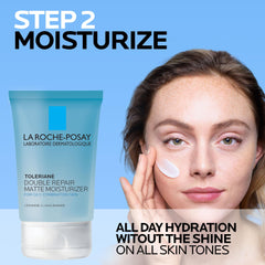 La Roche-Posay Toleriane Double Repair Matte moisturizer texture swatch with soothing niacinamide.