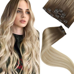 LaaVoo clip-in extensions in blonde-ombre add natural volume and length