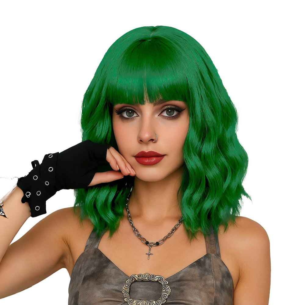 LABEAUTÉ Green Wavy Bob Wig with Air Bangs; breathable cap for all-day wear.