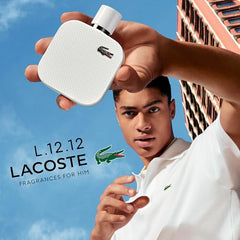 Lacoste L.12.12 Blanc bottle close-up reveals crisp white design.