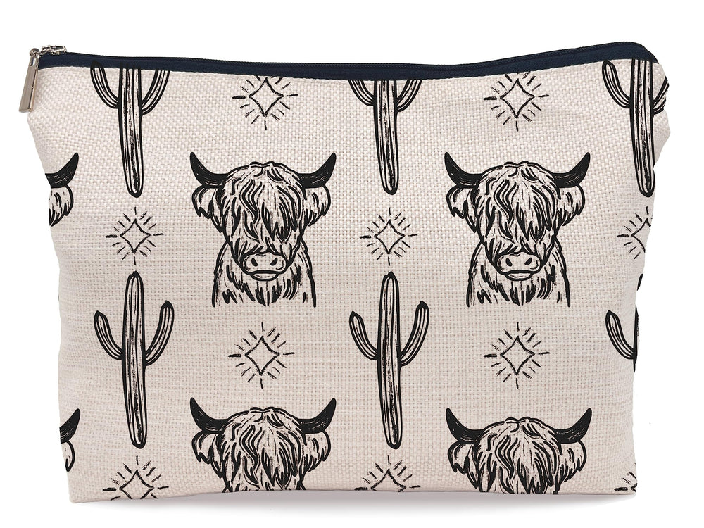 Lacosu Western Cow makeup bag front view shows a stylish western motif and durable exterior.