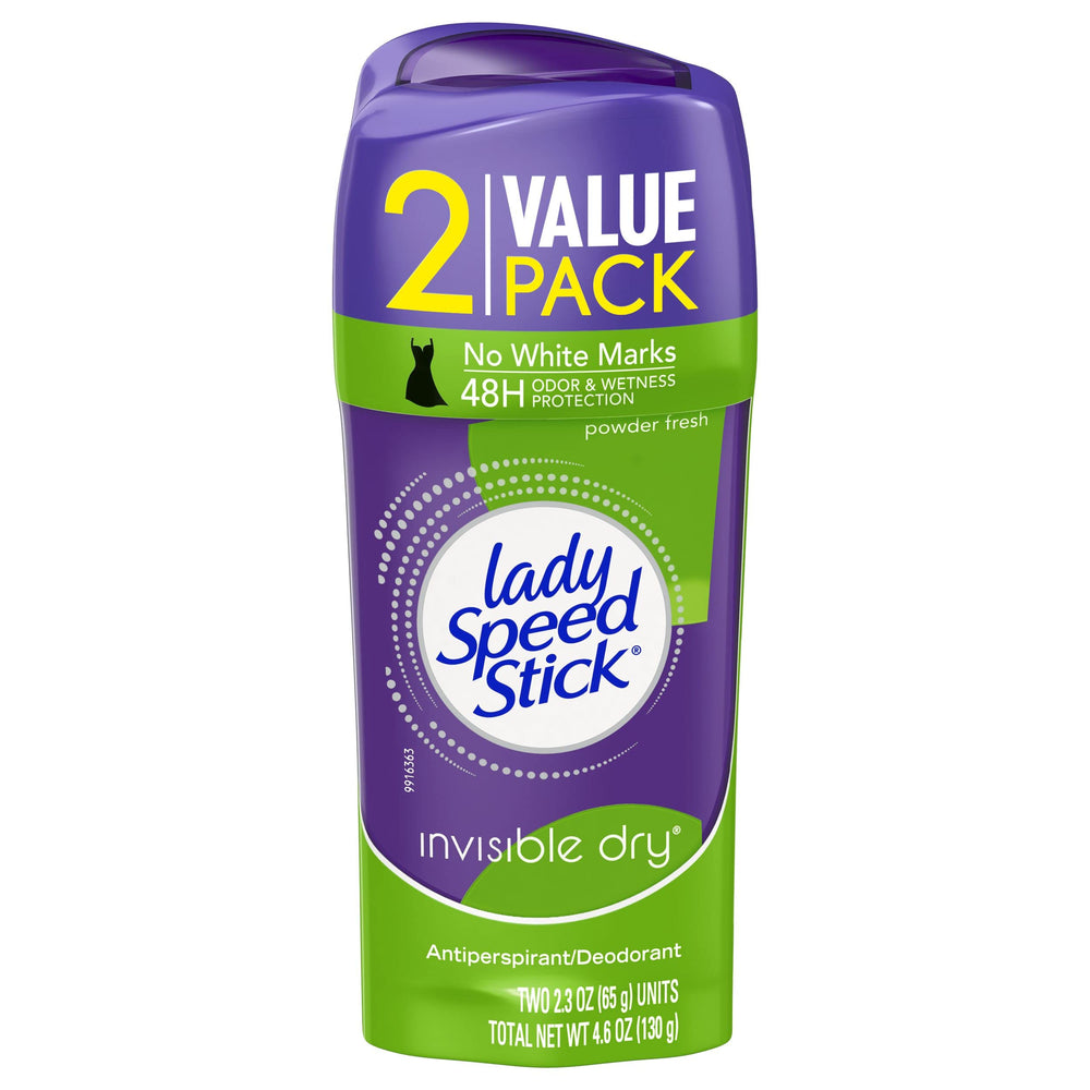 Lady Speed Stick invisible dry twin-pack with powder-fresh formula for all-day confidence.