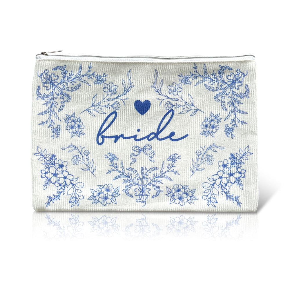 LADY&HOME Bride makeup bag with blue pattern and metal zipper, ideal for wedding day essentials.