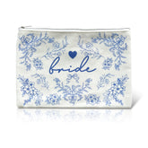 LADY&HOME Bride makeup bag with blue pattern and metal zipper, ideal for wedding day essentials.