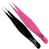 LahGum Metal ultra-fine needle-point tweezers in black and pink for precise ingrown hair removal.