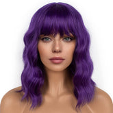LANCAINI dark purple short bob wig with bangs front view, ideal for cosplay or daily wear.