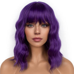 LANCAINI dark purple short bob wig with bangs front view, ideal for cosplay or daily wear.