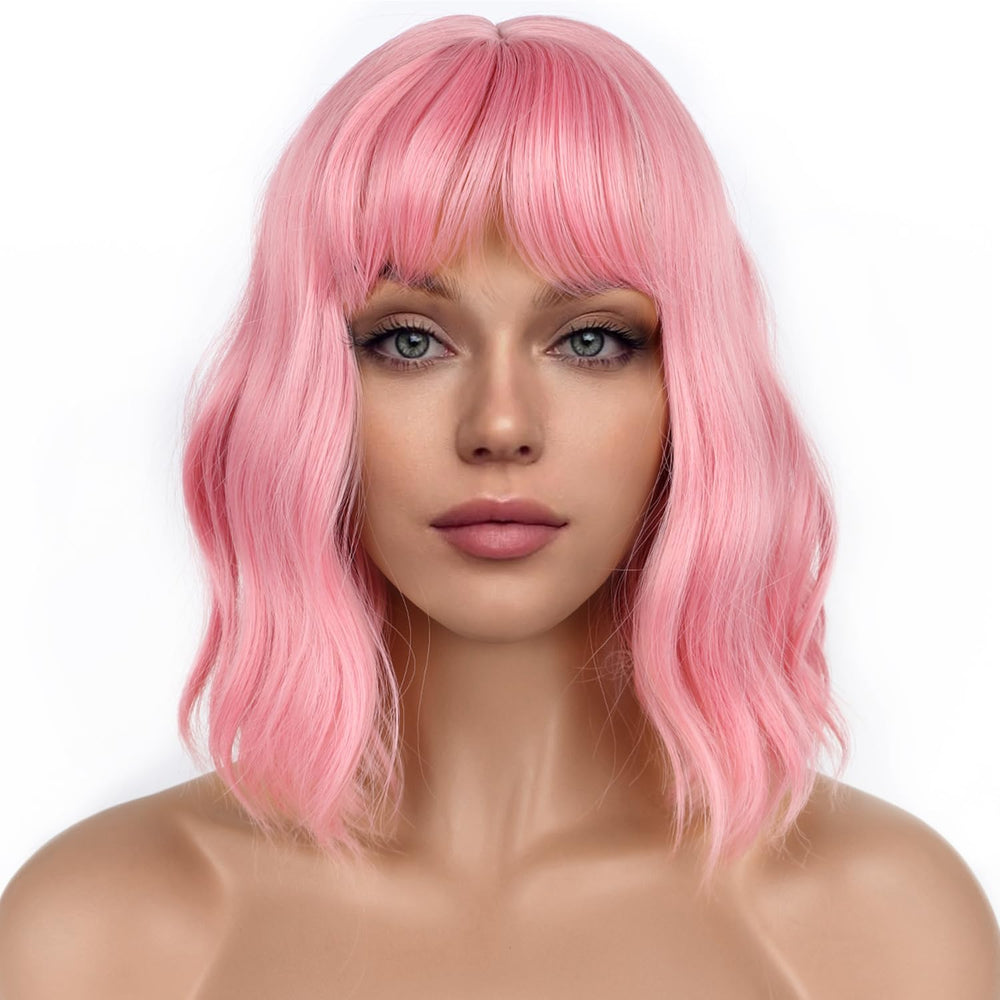 LANCAINI pastel bob wig pink front view with soft waves and lightweight feel