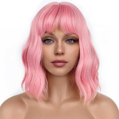 LANCAINI pastel bob wig pink front view with soft waves and lightweight feel