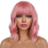 LANCAINI short bob wig with bangs pink for natural volume and playful cosplay.
