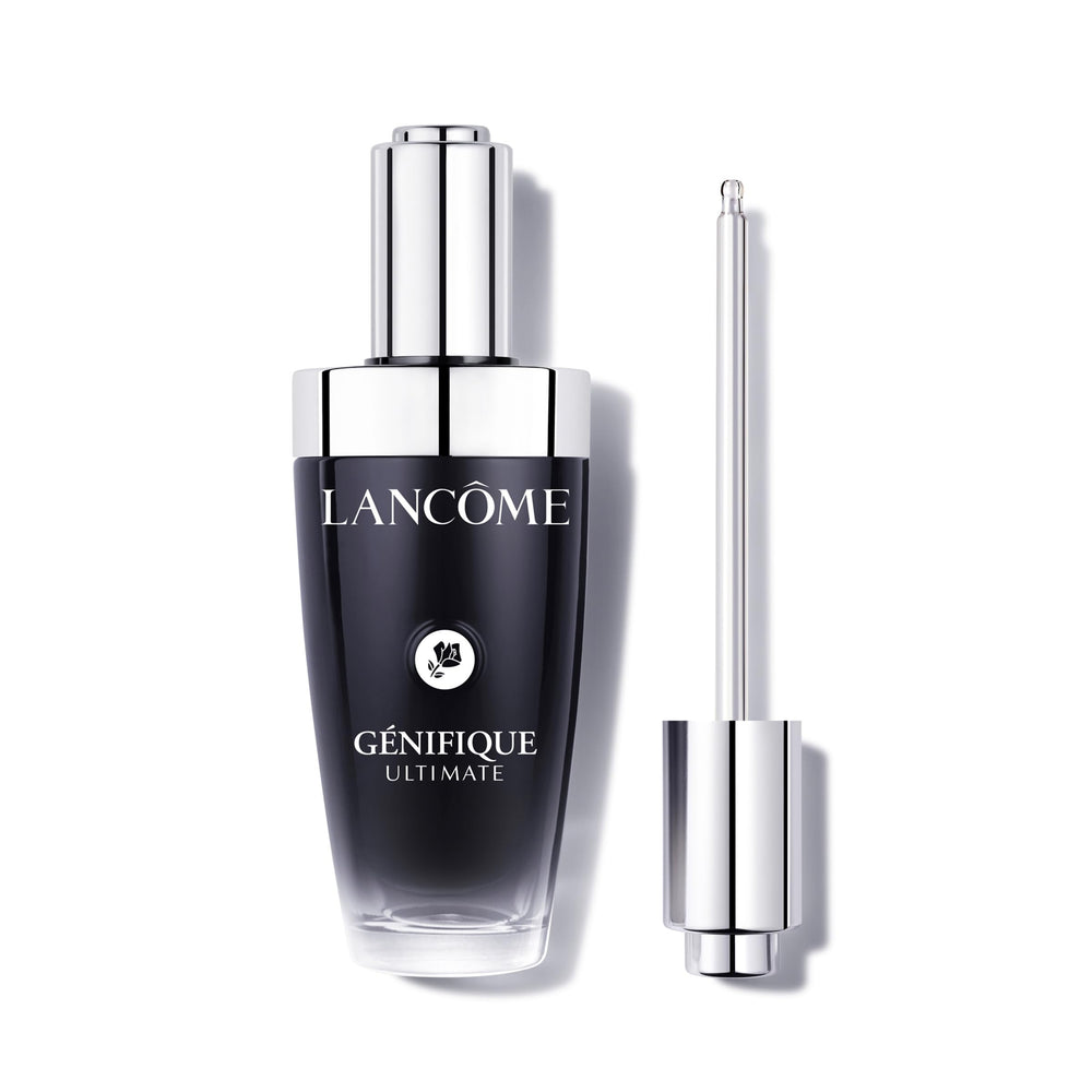 Lancôme Génifique Ultimate Recovery Serum bottle close-up showing refillable packaging for easy, continued use.
