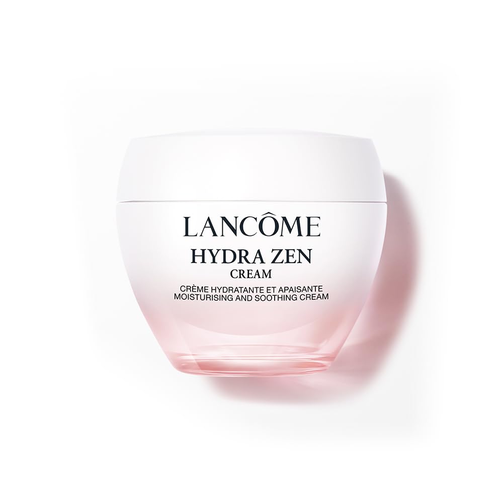 Lancome Hydra Zen Moisturizer bottle shows soothing, hydrating formula.