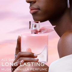 Lancôme La Vie Est Belle Vanille Nude bottle closeup showcasing soft vanilla tones.