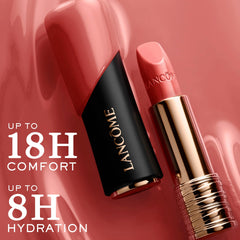 Lancôme L'Absolu Rouge formula close-up highlights rose balm and hyaluronic acid hydration.