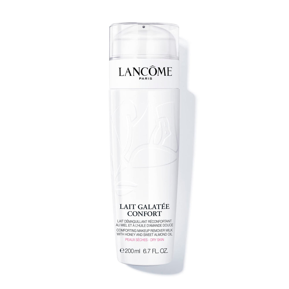 Lancôme Lait Galatée Confort bottle pour demonstrates makeup removal and gentle cleansing