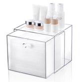 LANDNEOO acrylic towel box open on a vanity for tidy towel access