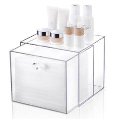 LANDNEOO acrylic towel box open on a vanity for tidy towel access