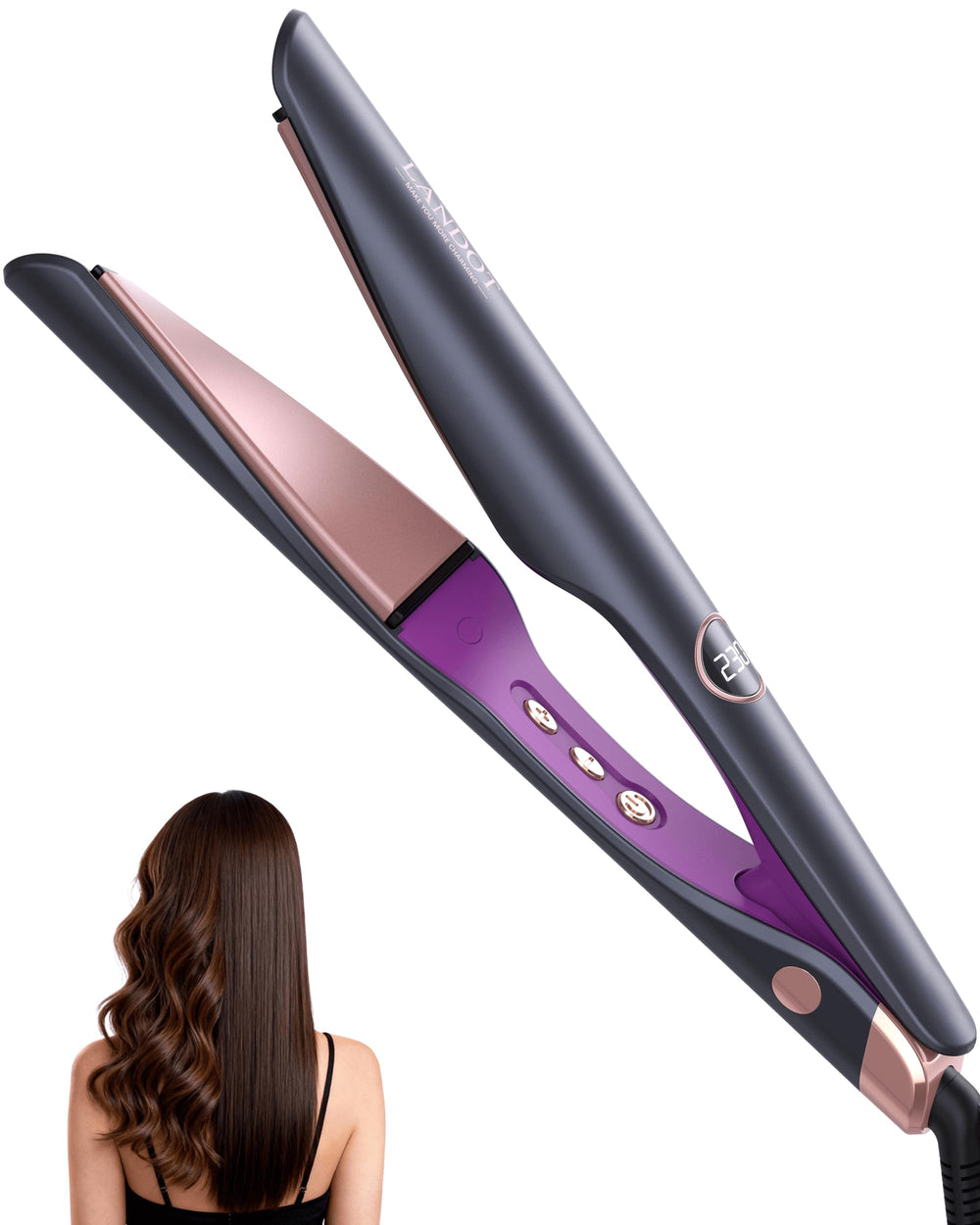 LANDOT 2-in-1 straightener-curler with gliding plates for snag-free styling