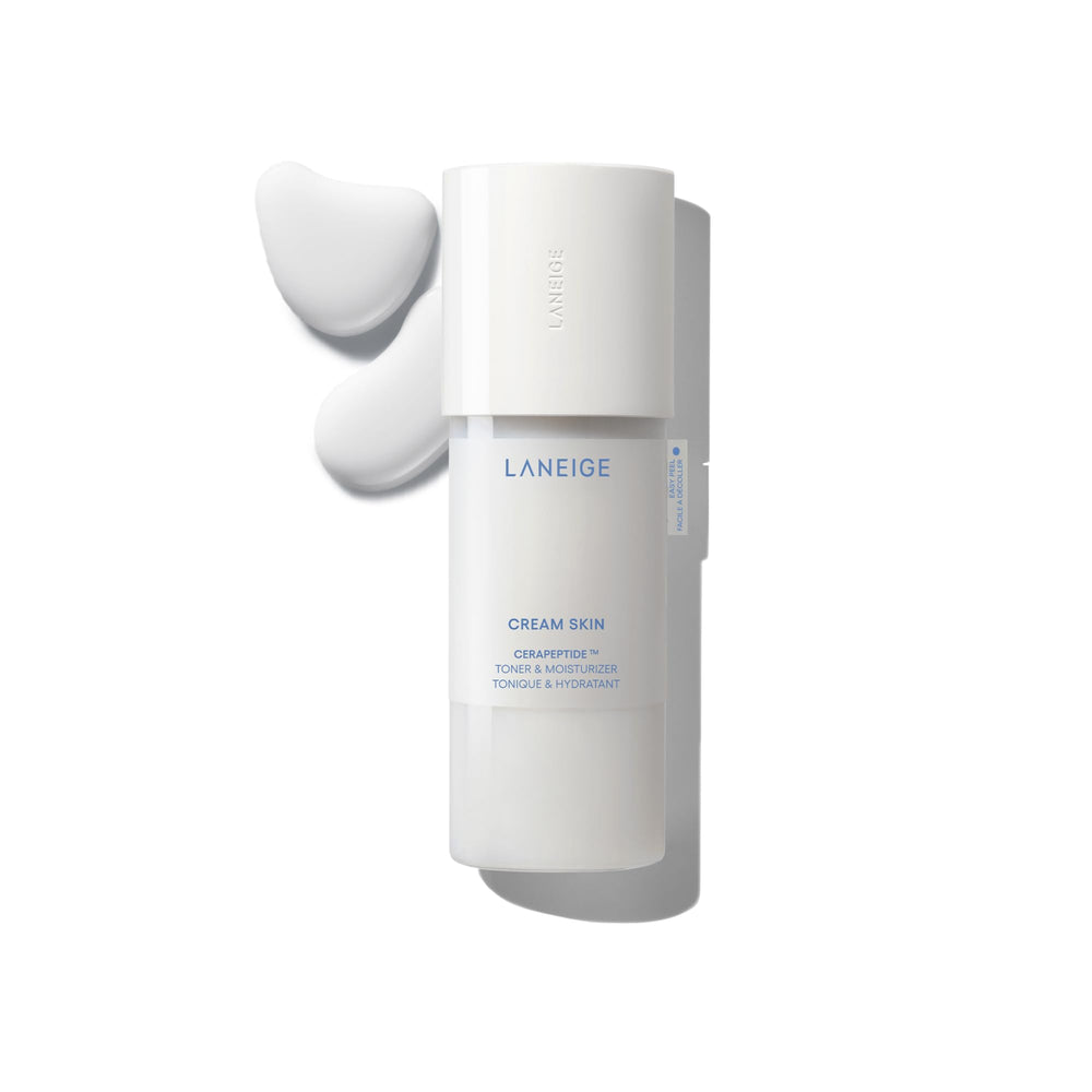 LANEIGE Cream Skin Toner bottle close-up showing refillable packaging for eco skincare.