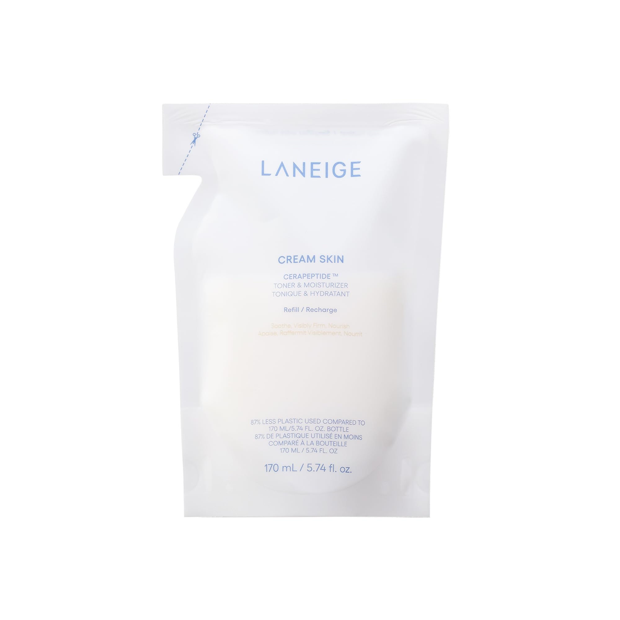 LANEIGE Cream Skin Toner refill bottle shows milky texture and eco-friendly refill design