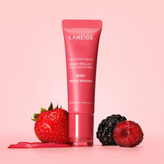 Laneige Lip Glowy Balm Berry swatch closeup reveals glossy finish.