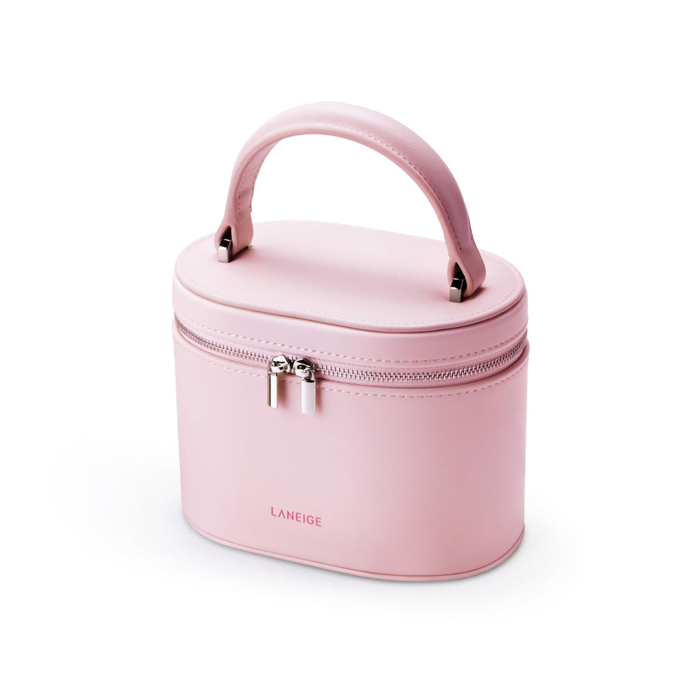 LANEIGE vanity case with pink hard shell, ideal for travel makeup storage.