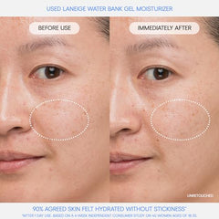 Laneige Water Bank Blue Hyaluronic Gel packaging label signals dermatologist-tested formula.