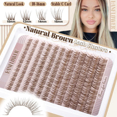 LANFLOWER Brown Lash Clusters Kit closeup shows wispy brown clusters for a natural blend.