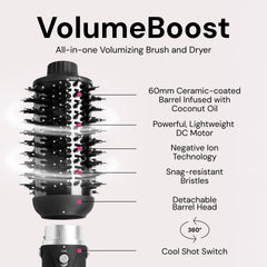 L'ANGE HAIR VolumeBoost ceramic barrel highlights even heat for smooth styling.