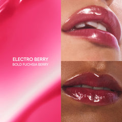 LANEIGE JuicePop Box Lip Tint Electro Berry swatches highlight buildable shade from sheer to bold.