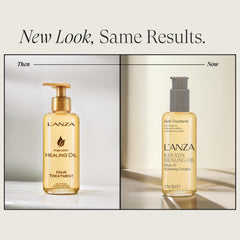 L'ANZA Keratin Healing Oil bottle back view highlighting ingredients and usage tips.