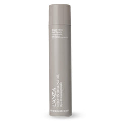 L’ANZA Keratin Healing Oil Brush Thru Hairspray bottle front shows shine and light hold.