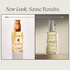L’ANZA Keratin Healing Oil drop highlights nourishing formula for damaged hair.