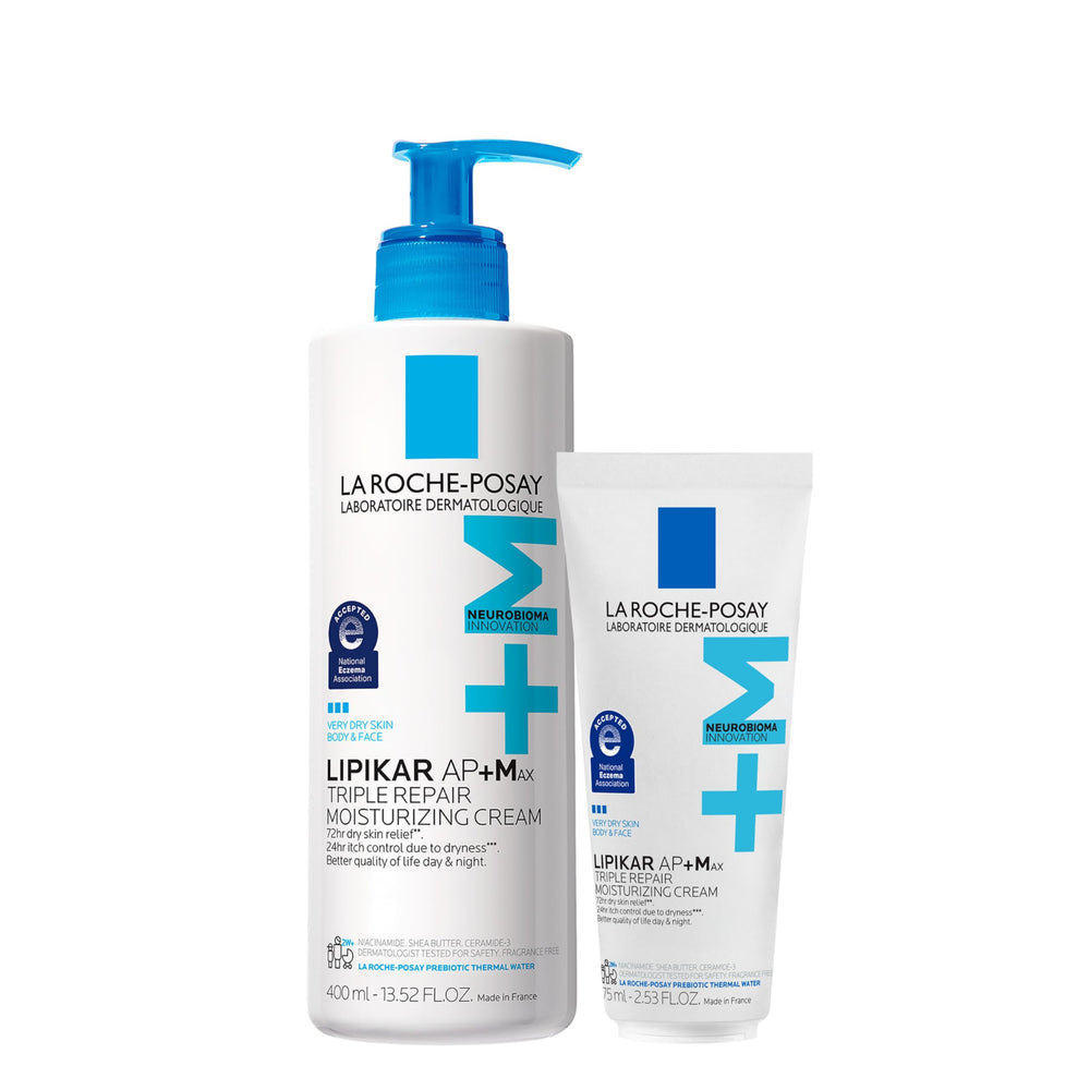 La Roche-Posay Lipikar AP+MAX cream jar showing triple repair for dry skin.
