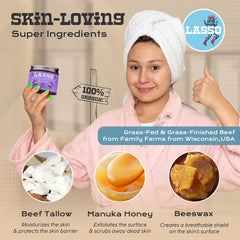 LASSO TALLOW balm being applied to the face for daily hydration.