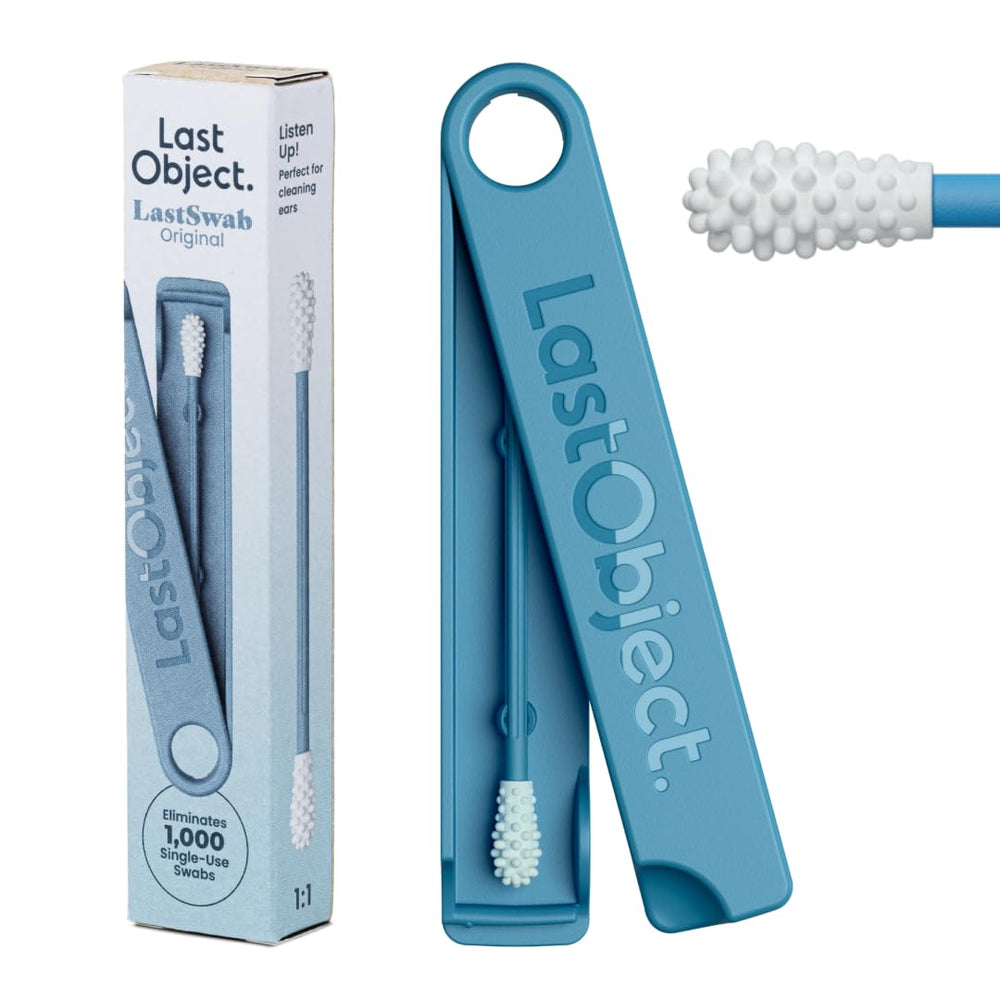 LastSwab ear cleaning with blue case shows reusable alternative to disposables.