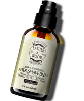 Lather & Wood aftershave sandalwood balm bottle demonstrates soothing post-shave care