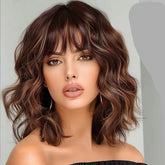 Lativ brown highlight wig showcases a short wavy bob for daily glam.