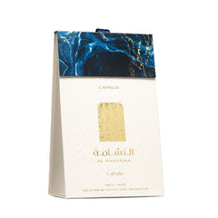 Lattafa Al Nashama Caprice label close-up emphasizes premium branding