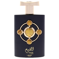 Lattafa Al Qiam Gold bottle cap close-up highlighting refined luxury for any occasion.