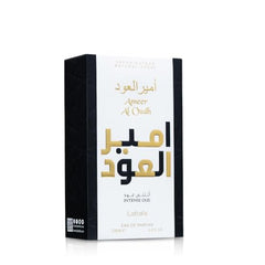 Lattafa Ameer Al Oud Intense bottle top captures sleek cap design.