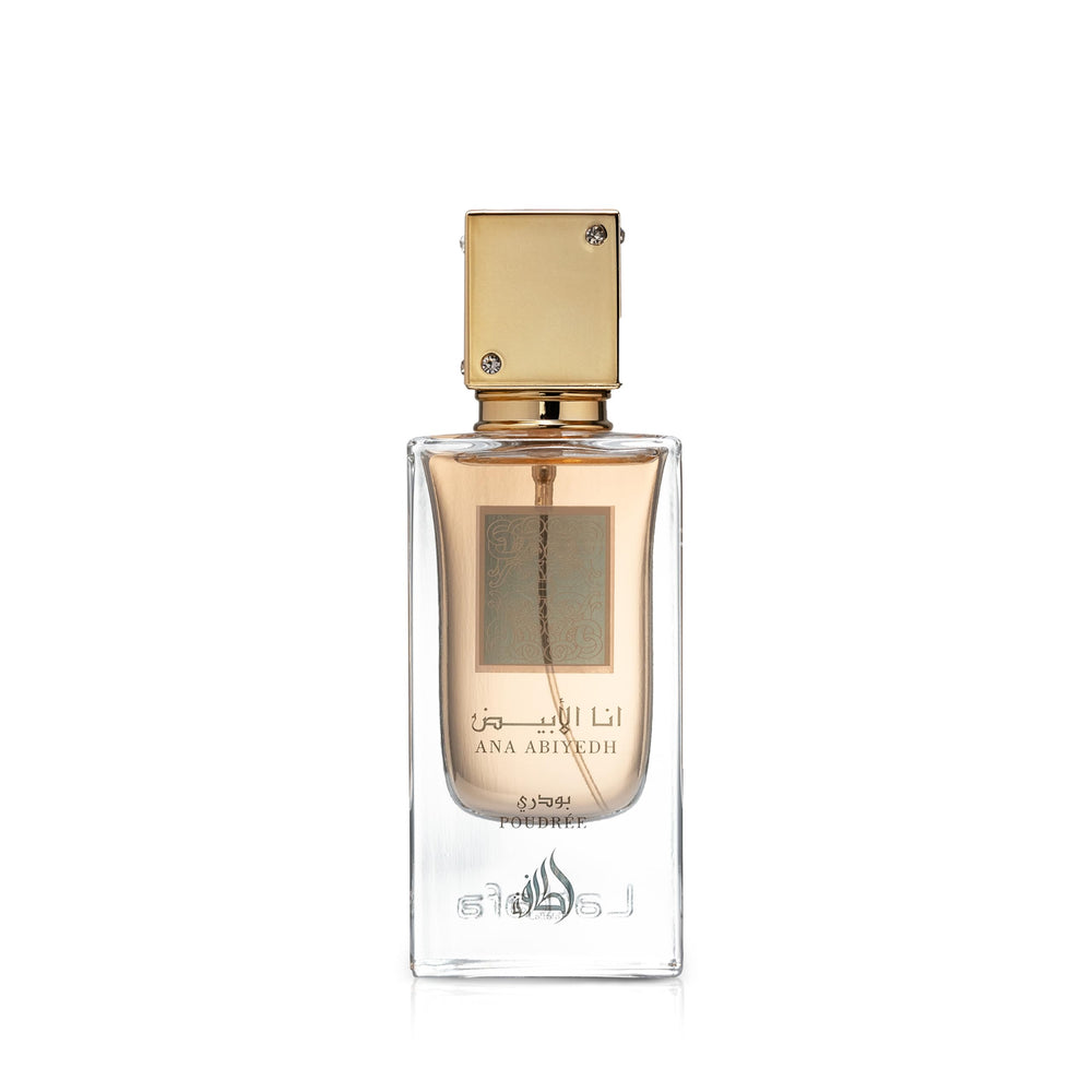 Lattafa Ana Abiyedh Poudrée bottle close-up for sophisticated evening wear.