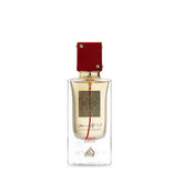 Lattafa Ana Abiyedh Rouge bottle close-up with saffron warmth for evening wear