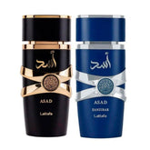 Lattafa Asad 5th Anniversary bottle close-up highlighting bold spice and amber notes for evening wear