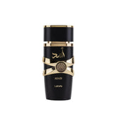 Lattafa Asad bottle front view shows a sleek unisex design.