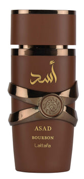 Lattafa Asad Bourbon bottle front view, elegant branding for versatile daily wear